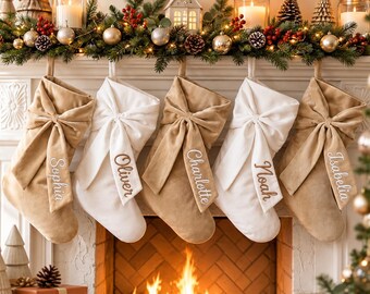 Personalized Velvet Christmas Stocking with Name, Custom Embroidered Bow Stocking, Neutral Beige White Xmas Stockings, Family Holiday Decor
