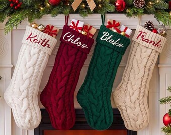 Personalized Embroidered Knitted Christmas Stocking, Custom Name Cable Knit Stocking, Family Xmas Stockings, Christmas Mantel Decor