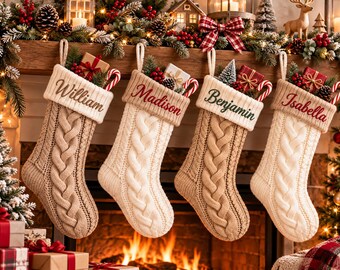 Personalized Cable Knit Christmas Stocking with Name, Custom Embroidered Christmas Stockings, Family Xmas Stocking, Holiday Mantel Decor