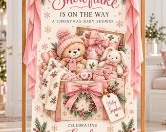 Rosa julbabyshowerbanderoll, en liten snöflinga är på väg, personlig nallebjörnsvälkomstskylt i tyg, vinterdekoration för babyflicka