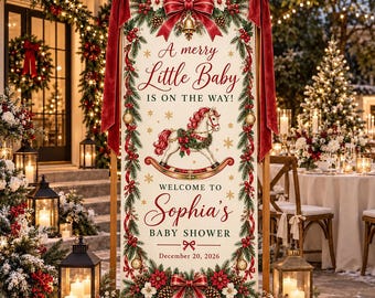 Julklappsbanderoll för babyshower, personlig tygbakgrund för glad liten bebis, gunghäst, vinterdekor för babyshowerfest