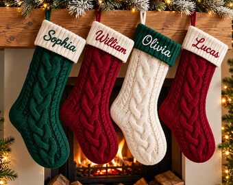 Calza di Natale personalizzata in maglia ricamata, calza in maglia a trecce con nome personalizzato, calze di Natale per la famiglia, decorazione natalizia per il camino