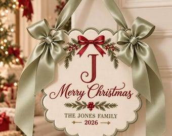Personlig juldörrhängare, anpassad skylt med monogram till familjenamn, broderad tygdekoration, julklapp