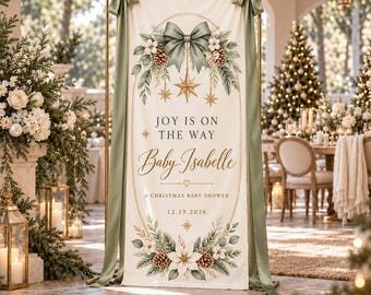 Christmas Baby Shower Welcome Banner, Personalized Fabric Backdrop, Sage Green Bow Floral Winter Baby Shower Sign, Baby Girl Party Decor