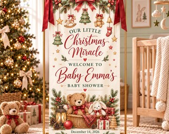 Julbabyshowerbanderoll, litet julmirakel, personlig nallebjörnsvälkomstskylt i tyg, vinterdekoration för babyshower till flicka