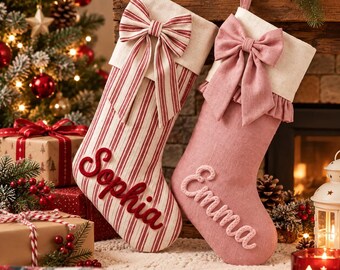 Personalized Christmas Stocking with Name, Custom Bow Stocking, Gingham Plaid Holiday Stocking, Family Christmas Gift, Xmas Decor