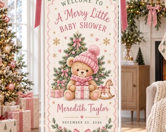 Rosa julbabyshower-välkomstbanner, personlig tygbakgrund för den lilla goda duschen, nallebjörns-vinterdekor för babyflickafest