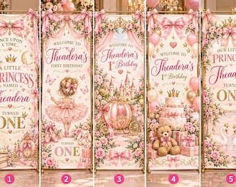 Prinsessans 1-årsfestbanderoll, personlig rosa prinsessskylt i tyg, dekoration till första födelsedagsfest i sagoslott