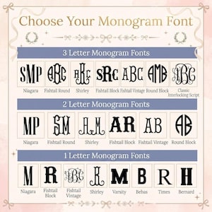 May include: A chart titled Choose Your Monogram Font displaying various black letter styles categorized by 3, 2, and 1 letter options. The fonts include Niagara, Fishtail Round, Shirley, Fishtail Block, Fishtail Vintage, Round Block, Classic Interlocking Script, Varsity, Bebas, Times, and Bernard.