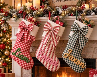 Personalized Christmas Stocking with Name, Custom Embroidered Bow Stocking, Gingham Plaid Xmas Stockings, Family Christmas Decor
