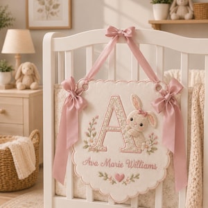May include: A cream-coloured fabric wall hanging with scalloped edges, featuring a large embroidered letter A, a small bunny illustration, and the name Ava Marie Williams in pink thread. It is decorated with pink satin bows and floral accents.