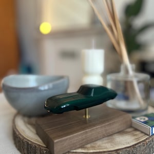 Bespoke E-Type Desk Sculpture - Solid Walnut & Brass Base | Minimalist 1960s British Sports Car Ornament | Premium Gift for Petrolheads