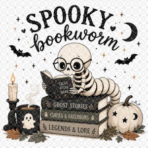 May include: A graphic illustration featuring a skeleton wearing round glasses reading a book titled Tales After Dark, perched on a stack of books labeled Ghost Stories, Curses & Cauldrons, and Legends & Lore, with a ghost mug, candle, and pumpkin.