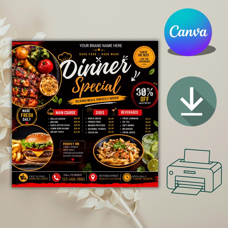 Dinner Specials Flyer, Restaurant Menu Template, Food Promotion Design ...