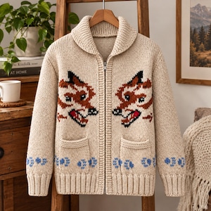 Hand Knit Wool Blend Wolf Cardigan, Nordic Streetwear Zip Jacket, Oversized Winter Knitwear, Tribal Pattern Sweater, Cozy Unisex Layering