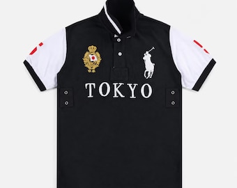 Tokyo Polo Shirt for Men, Black Embroidered City Graphic Polo, Premium Cotton Short Sleeve Tee, Luxury Preppy Streetwear Top