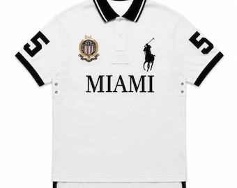 Miami Polo Shirt for Men, White Embroidered City Graphic Polo, Premium Cotton Short Sleeve Shirt, Luxury Preppy Streetwear Top