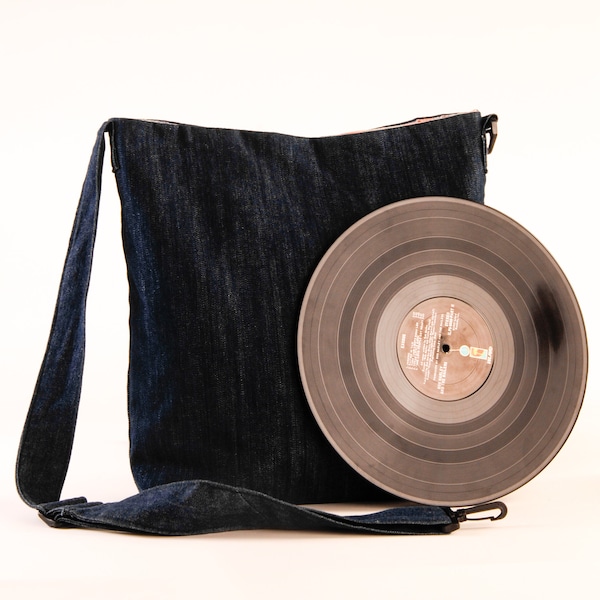 Denim Hemp/Cotton No Leather-all Vegan Fabric Tote for Vinyl Records-a Vinyl Lovin Dad Day Gift sturdy adjustable strap shoulder bag