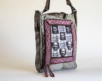 Bob Marley and Wailers Reggae Music Fan Upcycled Satchel featuring an art print on fabric titled "Los Wailers Muertos" or"The Dead Wailers"