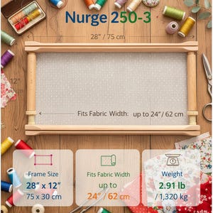 May include: A Nurge 250-3 wooden embroidery frame measuring 28 inches by 12 inches, designed for a fabric width up to 24 inches. The frame weighs 2.91 pounds and is surrounded by various colorful sewing thread spools and floral fabric scraps.