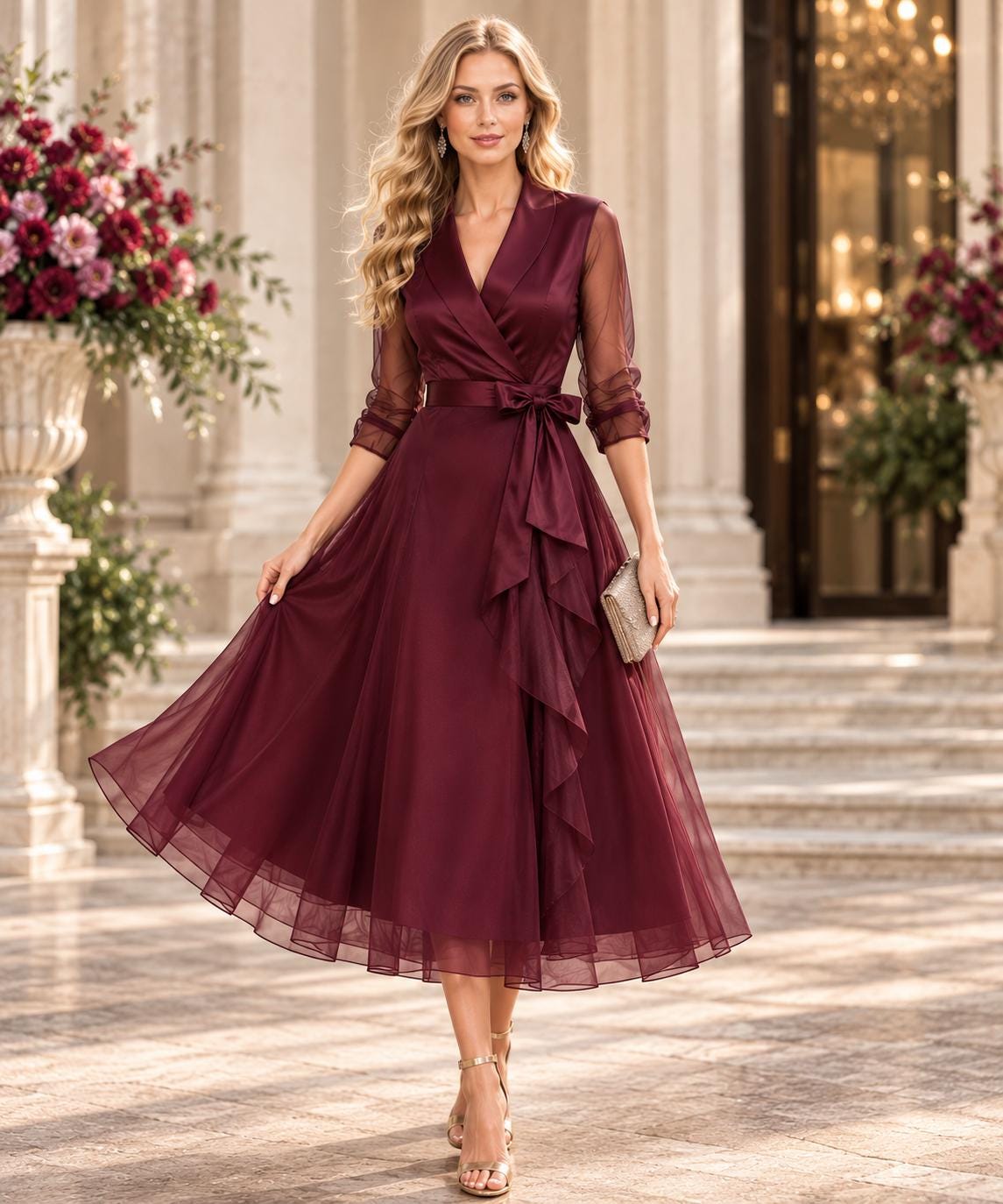 long sleeve floral wedding dress Romantic Flower Lace Sleeves low-stock-eu Color:Jade Glow Champagne Rhinestone Lace Trim