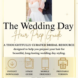 May include: A digital guide titled The Wedding Day Hair Prep Guide featuring a photograph of a couple in wedding attire. The document includes text about bridal resources, an 8-page format, mobile compatibility, and NKB Bridal Collective.