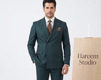 Dark Green Double-Breasted Slim Fit Suit, Emerald Groom Wedding Attire, Tailored 2 Piece Menswear