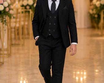 Completo formale nero a tre pezzi per ragazzo / Abito da matrimonio, paggetto, portatore degli anelli