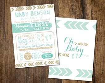 Chevron Teal and Gold Baby Shower Invitation