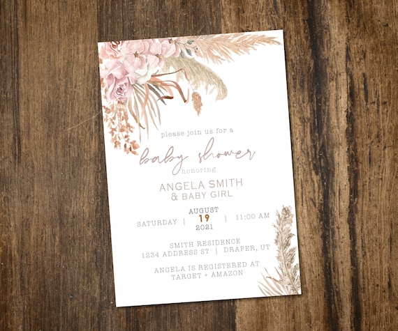 Pampas Grass floral shower or blessing Invitation