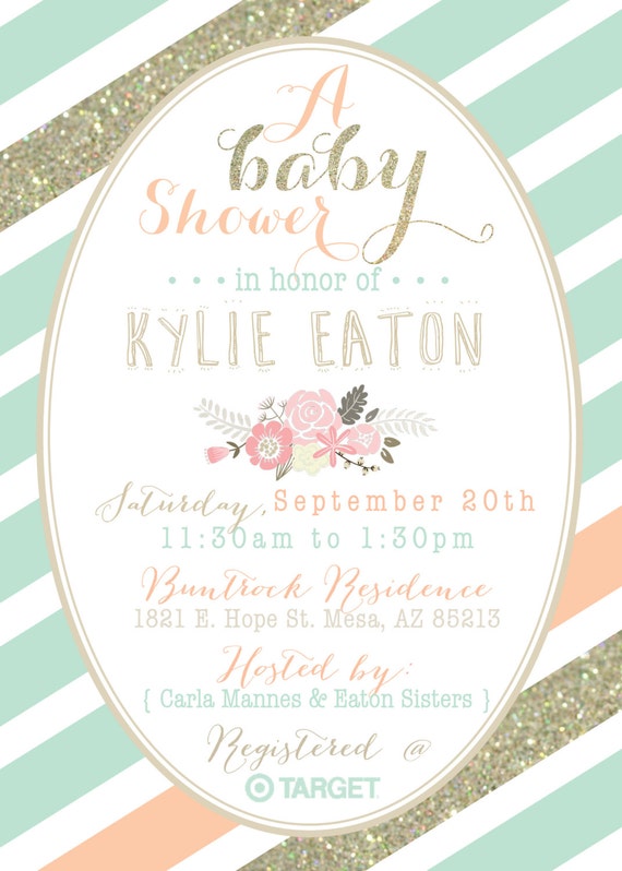 Mint, Peach and Gold Baby Shower invitation