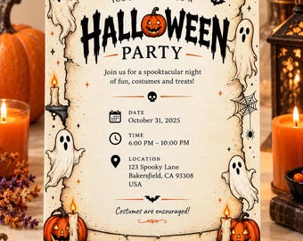 Könnte beinhalten: Eine rechteckige Halloween-Partyeinladung auf pergamentartigem Papier. Der Text lautet: You're invited to a Halloween party, 31. Oktober 2025, 18:00 - 22:00 Uhr, 123 Spooky Lane, Bakersfield, CA 93308 USA. Mit Geistern, Kürbissen und Kerzen.