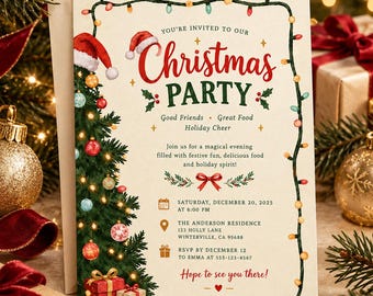 Könnte beinhalten: Eine cremefarbene Weihnachtsparty-Einladungskarte mit einer Aquarellillustration eines geschmückten Tannenbaums, einer Lichterkette und Geschenken. Der Text lautet: You're invited to our Christmas Party, Saturday, December 20, 2025, at 6:00 PM, The Anderson Residence, 123 Holly Lane, Winterville, CA 95688, RSVP by December 12 to Emma at 555-123-4567.