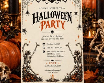 Könnte beinhalten: Eine rechteckige Halloween-Party-Einladungskarte mit schwarzem und orangefarbenem Text, zwei Skeletten, Spinnen, Fledermäusen und Kürbissen. Der Text lautet: You're invited to a Halloween party, Join us for a night of spooks, sweets and fun!, October 31, 2025, 6:00 PM - 10:00 PM, The Farooq Residence, 123 Maple Street, Bahawalpur, Pakistan, RSVP by October 25, 2025, Costumes Encouraged.