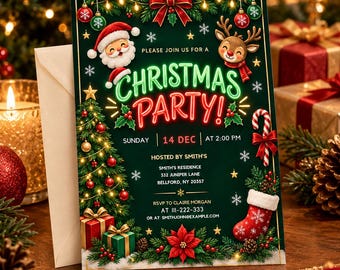 Könnte beinhalten: Eine rechteckige Weihnachtsparty-Einladungskarte auf dunkelgrünem Hintergrund mit einem Weihnachtsmann, einem Rentier, einem geschmückten Baum, Geschenken, einer Zuckerstange und einem Strumpf. Der Text lautet: PLEASE JOIN US FOR A CHRISTMAS PARTY! SUNDAY 14 DEC AT 2:00 PM.