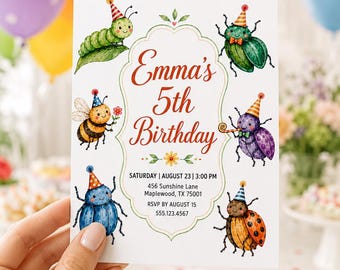 May include: A white birthday invitation card featuring colorful watercolor illustrations of insects wearing party hats. The text reads: WE'RE BUZZING WITH EXCITEMENT! Emma's 5th Birthday, SATURDAY | AUGUST 23 | 3:00 PM, 456 Sunshine Lane, Maplewood, TX 75001, RSVP BY AUGUST 15, 555.123.4567.
