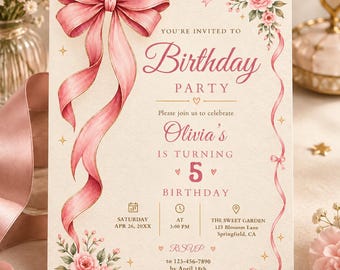 Könnte beinhalten: Eine cremefarbene Geburtstagseinladungskarte mit einer großen rosa Schleife oben links, floralen Akzenten und goldenen Sternen. Der Text lautet: You're invited to Birthday Party, Olivia's is turning 5 Birthday, Saturday Apr 26, 20XX, at 3:00 PM, The Sweet Garden 123 Blossom Lane Springfield, CA, RSVP to 123-456-7890 by April 18th.