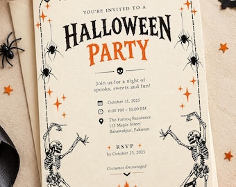 Könnte beinhalten: Eine cremefarbene Halloween-Party-Einladungskarte mit schwarzen Skelett-Illustrationen, Fledermäusen, Spinnen und orangefarbenen Sternakzenten. Der Text lautet: You're invited to a Halloween Party, October 31, 2025, 6:00 PM - 10:00 PM, The Farooq Residence, 123 Maple Street, Bahawalpur, Pakistan, RSVP by October 25, 2025, und Costumes Encouraged.