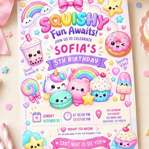 Kawaii squishy birthday invitation featuring pastel glitter dumpling design