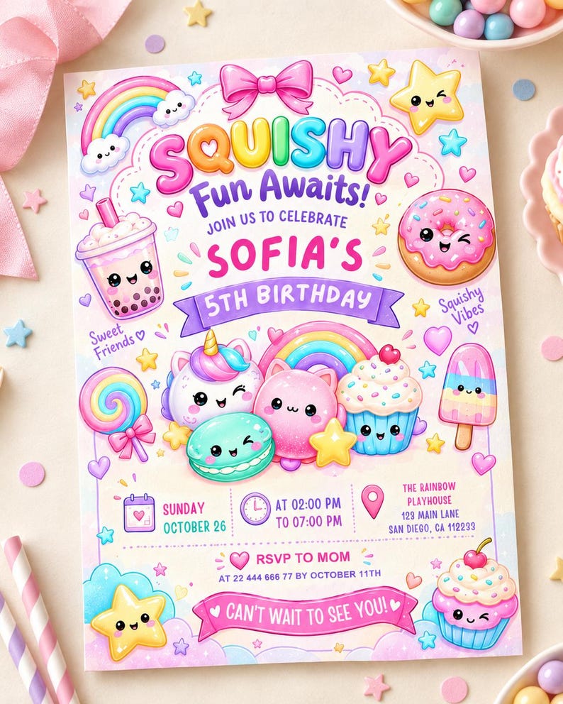 Kawaii squishy birthday invitation featuring pastel glitter dumpling design