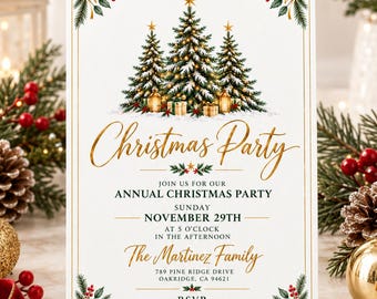 Könnte beinhalten: Eine weiße, rechteckige Einladungskarte für eine Weihnachtsfeier mit drei illustrierten Tannenbäumen, goldenen Sternen, Schnee und Geschenken. Der Text lautet: Christmas Party, Join us for our annual Christmas party, Sunday November 29th at 5 o'clock, The Martinez Family, 789 Pine Ridge Drive, Oakridge, CA 94621, RSVP to Emily at 555-284-7316 by November 8th.