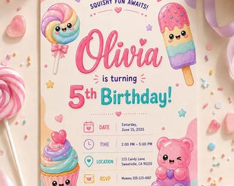 Könnte beinhalten: Eine rechteckige Geburtstagseinladungskarte in Pastellfarben mit niedlichen Illustrationen von Lutscher, Eis am Stiel, Cupcake und Gummibärchen. Der Text lautet: SQUISHY FUN AWAITS! Olivia is turning 5th Birthday! DATE Saturday, June 15, 2025, TIME 2:00 PM - 5:00 PM, LOCATION 123 Candy Lane Sweetville, CA 90210, RSVP Mommy 555-123-4567.