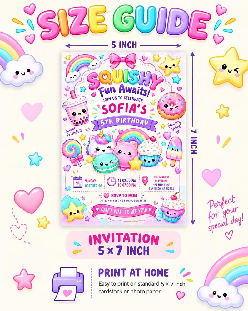 Printable Canva glitter squishy party invitation with dumpling characters