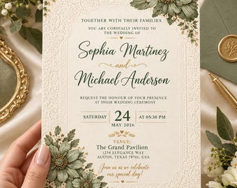 Könnte beinhalten: Eine cremefarbene Hochzeitseinladungskarte mit geprägtem Spitzenrand, dunkelgrünen Blumenillustrationen und eleganter Typografie. Der Text kündigt die Hochzeit von Sophia Martinez und Michael Anderson am Samstag, den 24. Mai 2026, an.