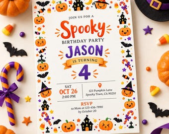 Könnte beinhalten: Eine rechteckige Geburtstagseinladungskarte mit einem Rand aus bunten Halloween-Symbolen wie Kürbissen, Fledermäusen, Zuckermais und Spukhäusern. Der Text lautet: Join us for a Spooky Birthday Party, Jason is turning 4, Oct 26.