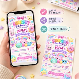 Editable Canva template for dumpling squishy birthday invitation
