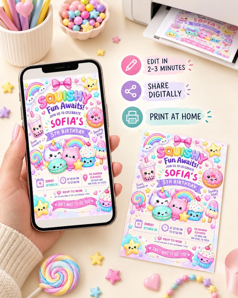 Editable Canva template for dumpling squishy birthday invitation