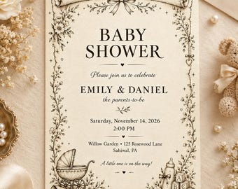 Könnte beinhalten: Eine cremefarbene, rechteckige Einladungskarte zur Babyparty mit einem Schriftrollenrand, Blumenmotiven, einer Schleife, einem Kinderwagen, einer Flasche und Spielwürfeln. Der Text lautet: BABY SHOWER, EMILY & DANIEL, 14. November 2026.