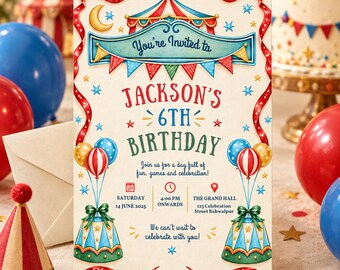 Könnte beinhalten: Eine rechteckige Geburtstagseinladungskarte mit Zirkusmotiv und Illustrationen in Rot, Blau und Grün. Der Text lautet: You're Invited to Jackson's 6th Birthday, Join us for a day full of fun, games and celebration, 14 June 2025, 4:00 PM, The Grand Hall, 123 Celebration Street Bahwalpur, We can't wait to celebrate with you!