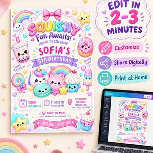 Squishy Dumpling birthday invite for girls with cute kawaii glitter theme